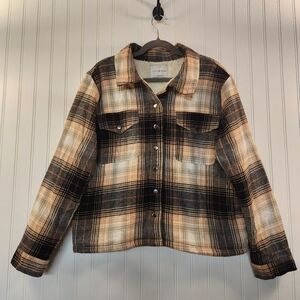 Lucky Brand Women's Black Plaid Sherpa Lined Snap Button Flannel Jacket Size L